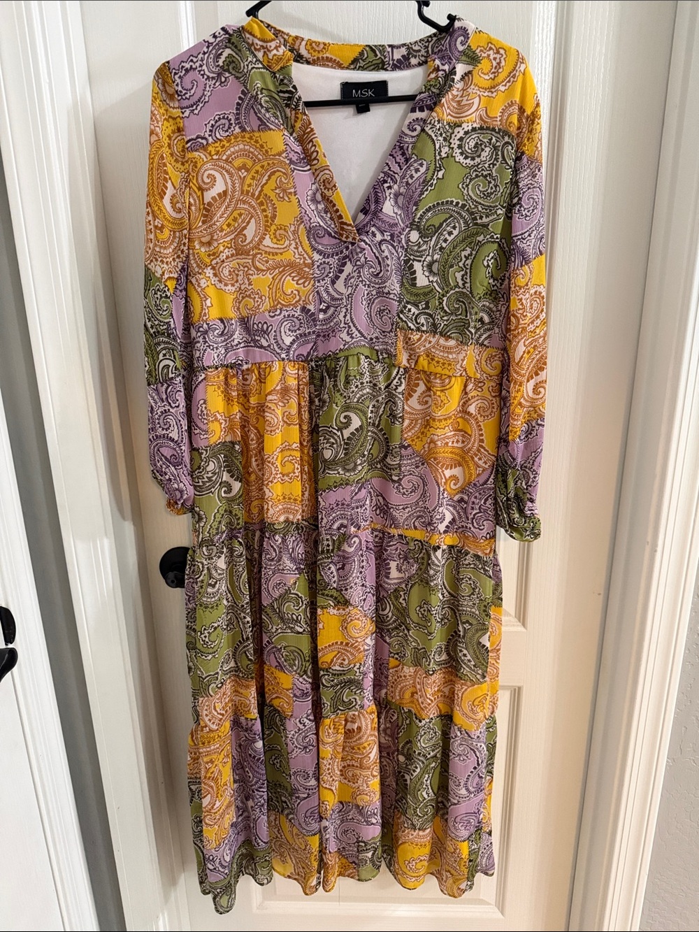MSK Paisley Patchwork Tiered Midi Dress - Yellow, Lavender, Olive